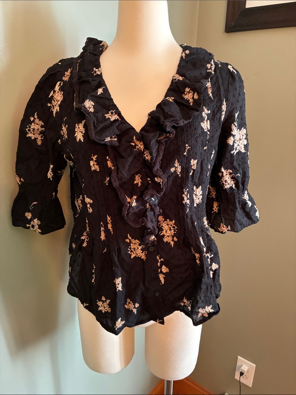 Ultra Pink Black Ruffle Floral Button-Front Blouse
